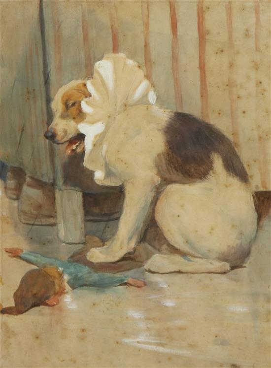 Cecil Aldin, pencil and watercolour sketch of a terrier with a hand puppet, 38 x 29cm